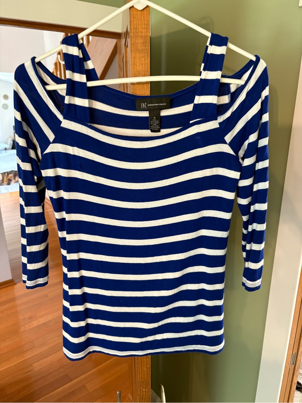INC International Concepts Blue & White Striped Cold-Shoulder Top